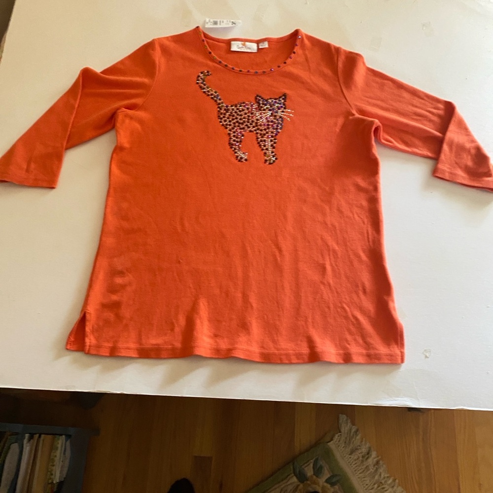 Quacker Factory Halloween theme Orange embellished LS Shirt